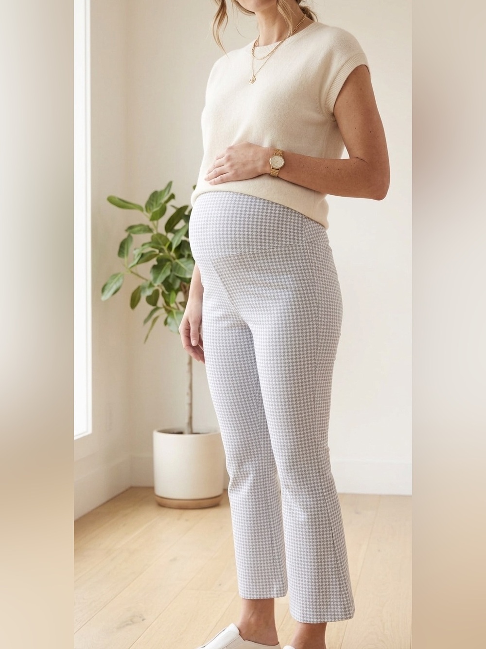HATCH Collection The Ultimate Before During After Crop Flare Pants Houndstooth L